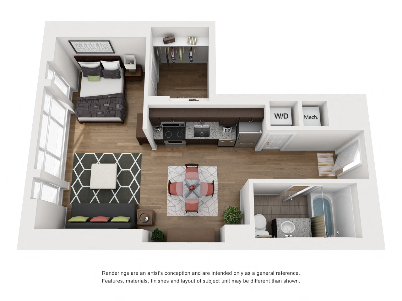 Floor plan for studio, 1 bath, 605 sqft
